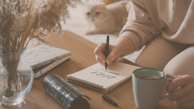 woman on couch with cat and planning checklist